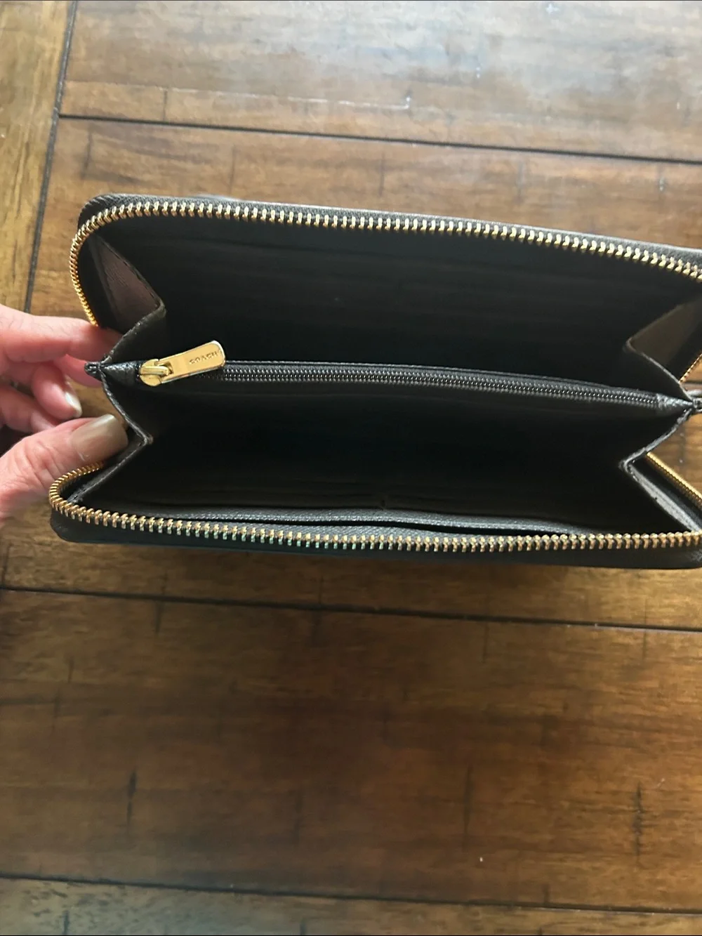 Coach Black Pebbled Leather Zip Wallet with Gold Logo